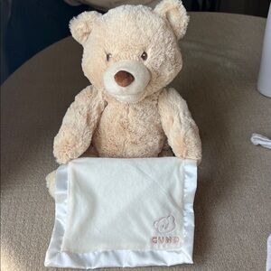 GUND Cream and Brown Plush Teddy with Attached Comfort Blanket Peekaboo Bear